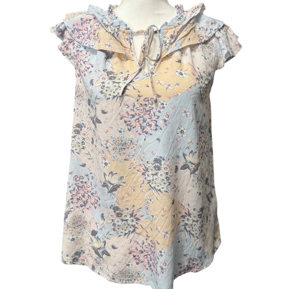 Doe & Rae Floral Patchwork Ruffle Flutter Sleeve Blouse S Blue Pink Excellent